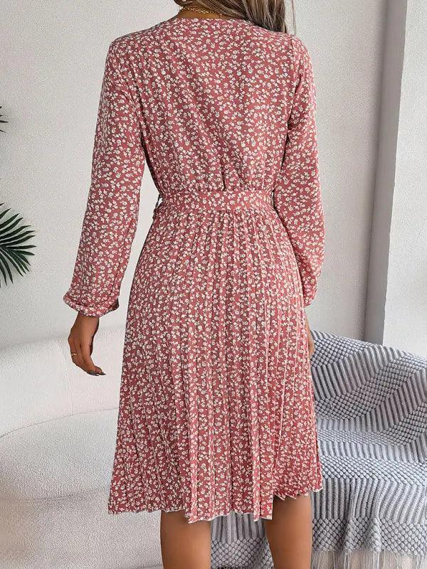 Women's casual long-sleeved floral large hem pleated dress - Venus Trendy Fashion Online