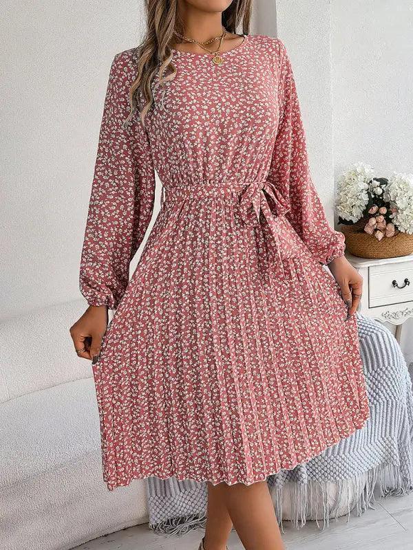Women's casual long-sleeved floral large hem pleated dress - Venus Trendy Fashion Online