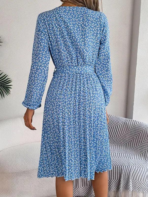 Women's casual long-sleeved floral large hem pleated dress - Venus Trendy Fashion Online