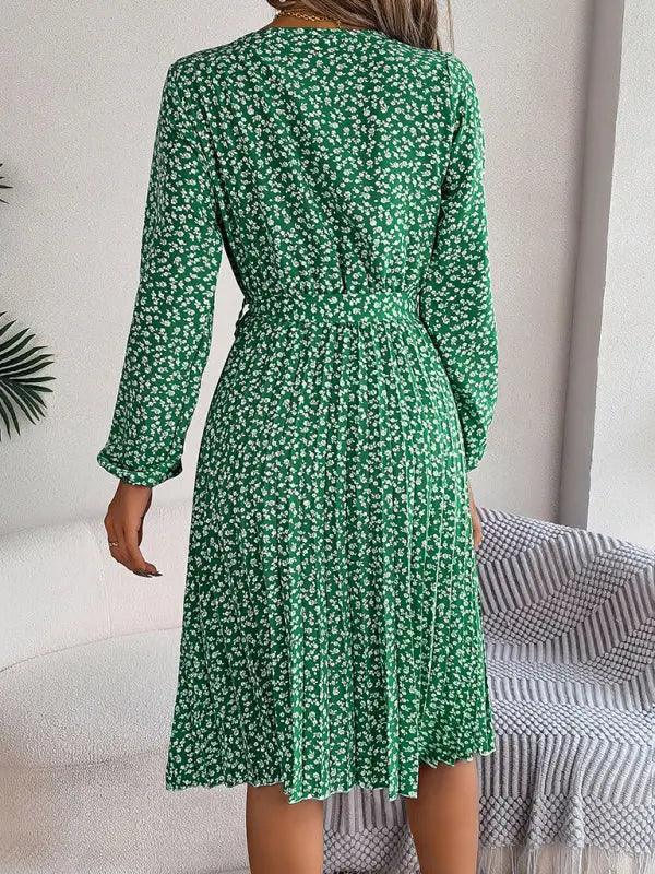 Women's casual long-sleeved floral large hem pleated dress - Venus Trendy Fashion Online