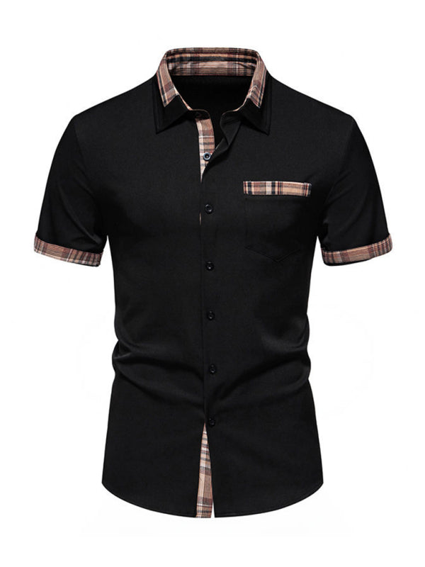 Men's Casual Collar Buttoned Plaid Color Block Short Sleeve Shirt - Venus Trendy Fashion Online