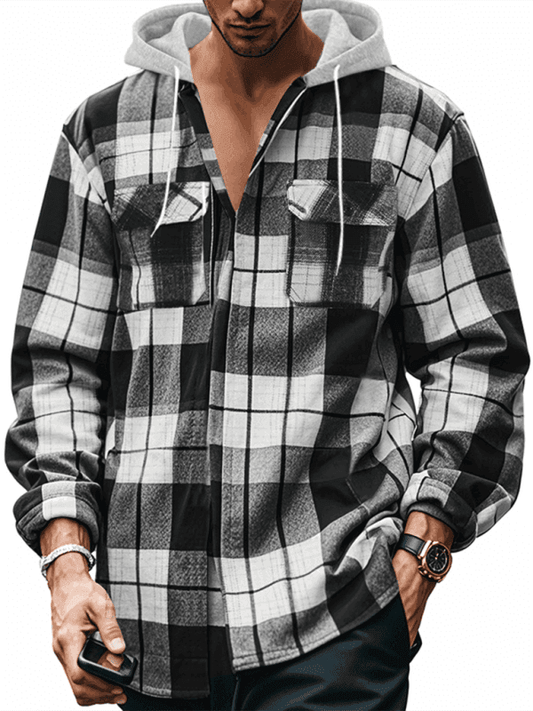 Casual Flannel Jacquard Long Sleeve Hooded Plaid Shirt - Venus Trendy Fashion Online