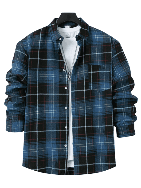 Men's brushed thin plaid long-sleeved casual shirt - Venus Trendy Fashion Online