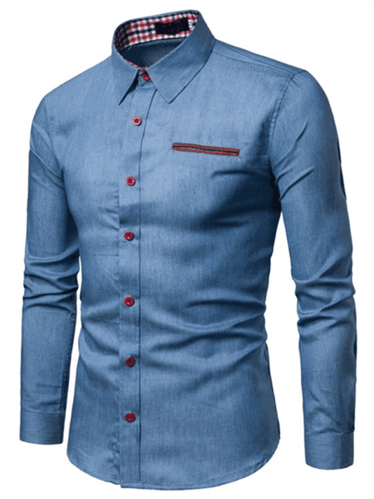 Men's Casual Shirt Pocket Patchwork Leather Long Sleeve Shirt - Venus Trendy Fashion Online