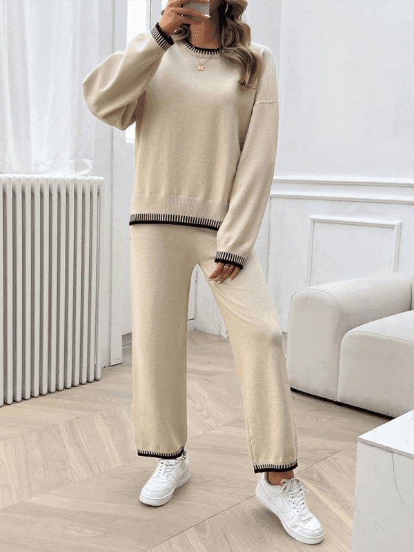 Women's Fashion Casual Contrast Color Sweater Pants Set - Venus Trendy Fashion Online