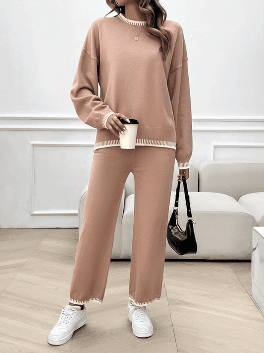 Women's Fashion Casual Contrast Color Sweater Pants Set - Venus Trendy Fashion Online