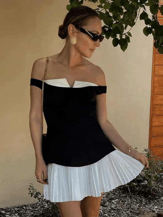 Women's elegant sexy pleated off-shoulder sleeveless short dress - Venus Trendy Fashion Online