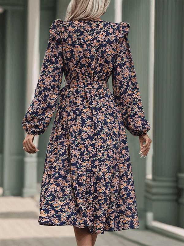 Ruffled long sleeve printed v-neck dress - Venus Trendy Fashion Online