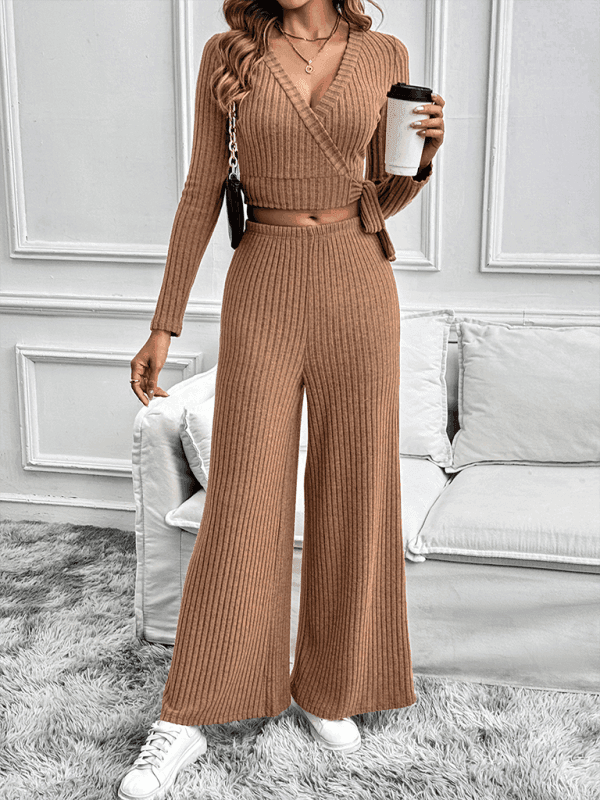 Long-sleeved solid color texture basic versatile ladies two-piece suit - Venus Trendy Fashion Online
