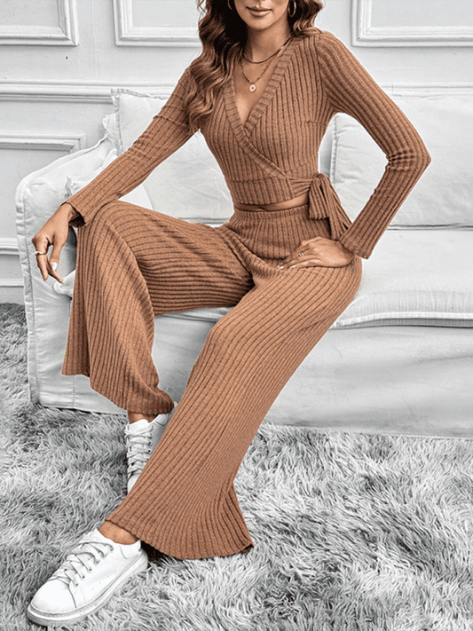 Long-sleeved solid color texture basic versatile ladies two-piece suit - Venus Trendy Fashion Online