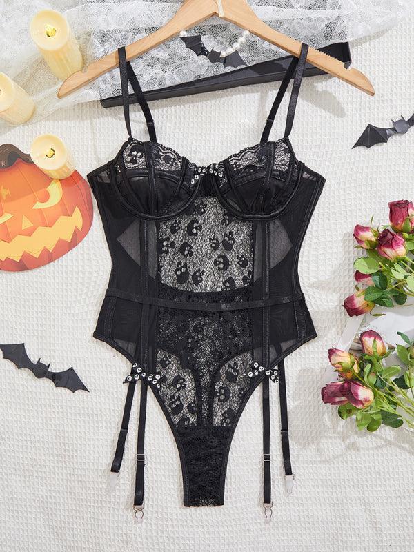 Halloween Skull Lace One Piece Leotard - Venus Trendy Fashion Online
