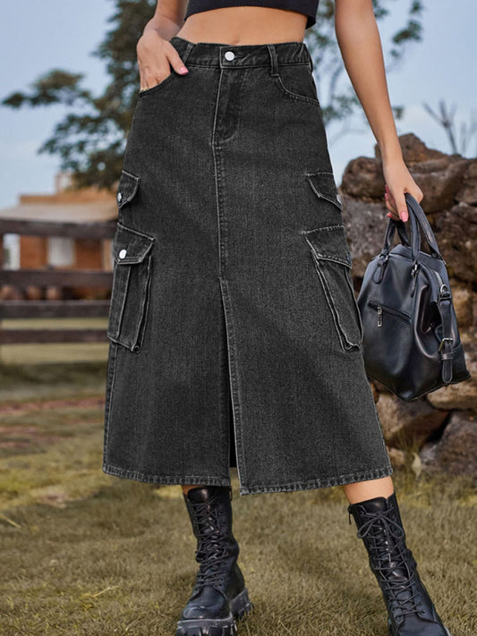 Elastic Waist Denim Cargo Casual Midi Skirt Venus Trendy Fashion Online