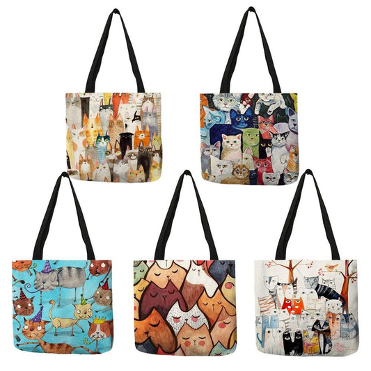 Design Cute Kawaii Cartoon Anime Cat Print Linen Tote Bag - Venus Trendy Fashion Online