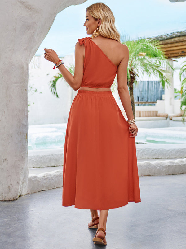 Solid color slanted shoulder waist top and skirt suit Venus Trendy Fashion Online