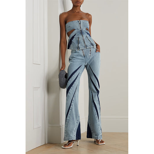 Women Color Contrast Patchwork Tube Top & Three Dimensional Split Double Zipper Stitching Elastic Jeans Venus Trendy Fashion Online