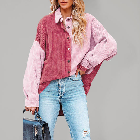 Women's Mixed Solid Color And Corduroy Fabrication Buttoned Shirt Venus Trendy Fashion Online