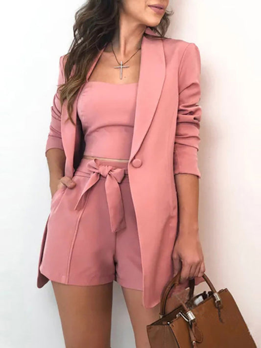 Women's Solid Color Three-piece Suit Long Sleeve Blazer Matching Tank Top And Shorts Venus Trendy Fashion Online