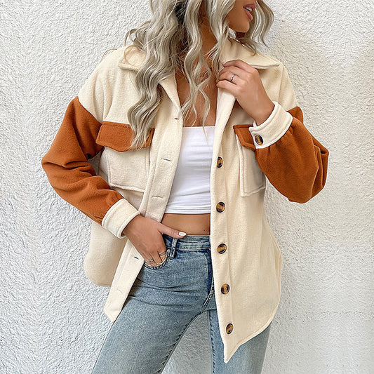 Women's fashion lapel color-block long-sleeved polar fleece jacket Venus Trendy Fashion Online