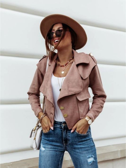 Women's long sleeve lapel buckskin velvet button down jacket Venus Trendy Fashion Online