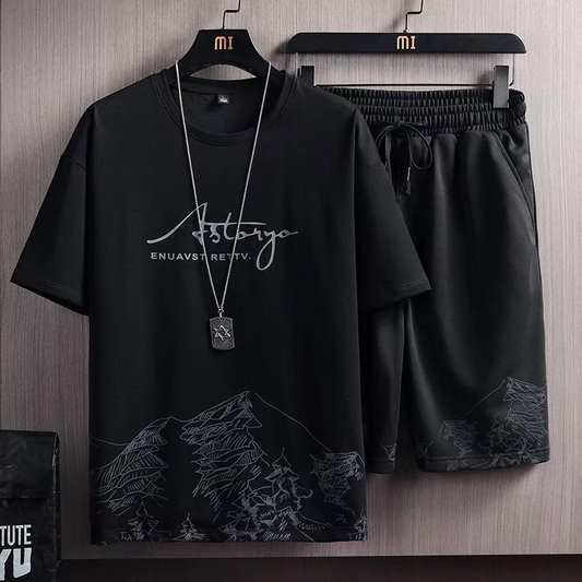 Men'S Casual Snow Mountain Graphic Print Short-Sleeved T-Shirt And Shorts Set - Venus Trendy Fashion Online