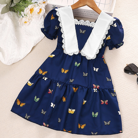 Girls Sweet Lace Lapel Butterfly Short Sleeve Princess Dress - Venus Trendy Fashion Online