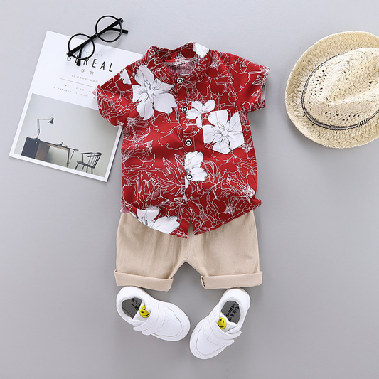 Boys Short Sleeve Floral Print Shirt And Shorts 2pcs Set - Venus Trendy Fashion Online