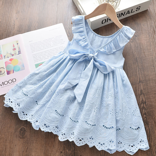 Girls Basic Solic Color Ruffled Hollow Out Flower Embroidery Sleeveless Dress - Venus Trendy Fashion Online