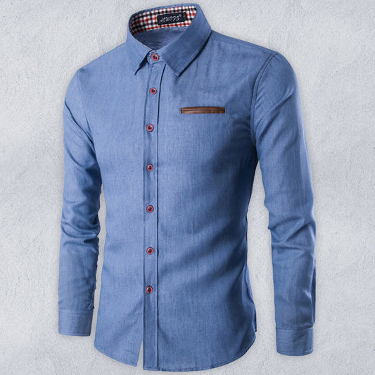 Men’s Solid Color Contrast Collar Long Sleeve Denim Shirt - Venus Trendy Fashion Online