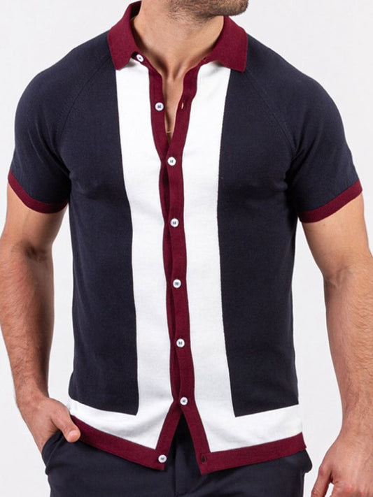 Men's single Breasted Paneled Color Contrast Short Sleeve Shirt - Venus Trendy Fashion Online