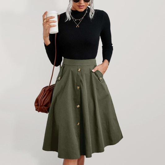 Women's Solid Color Faux Button Front Midi Length A Line Skirts - Venus Trendy Fashion Online