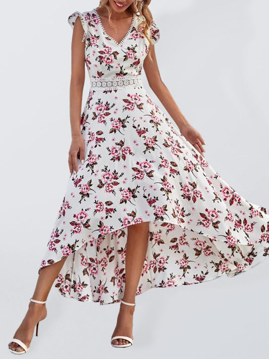 Women's Floral Print V-neck Flutter Sleeve High-low Chiffon Dress - Venus Trendy Fashion Online