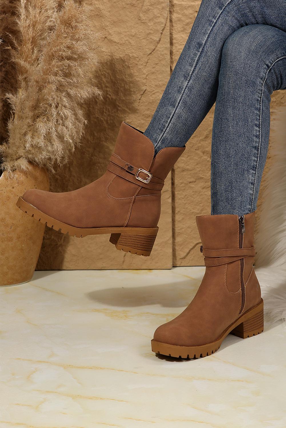 Chestnut Suede Buckle Decor Heeled Ankle Boots - Venus Trendy Fashion Online