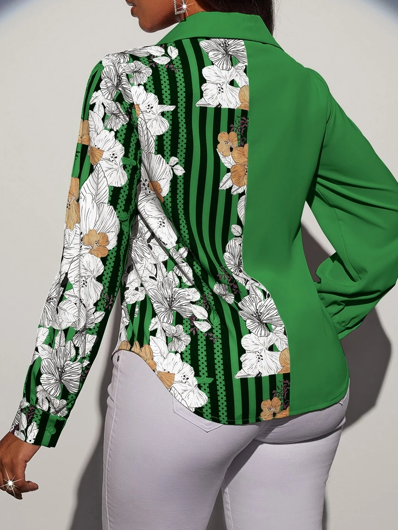 Women New Printed Stitching Long sleeved Shoulder Shirt