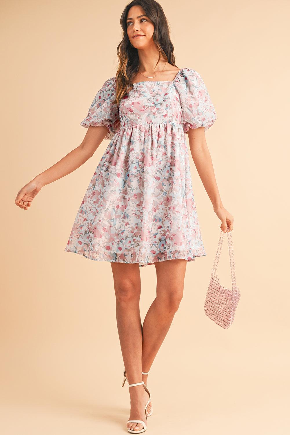 Pink Floral Lantern Sleeve Square Neck Ruffled Mini Dress - Venus Trendy Fashion Online