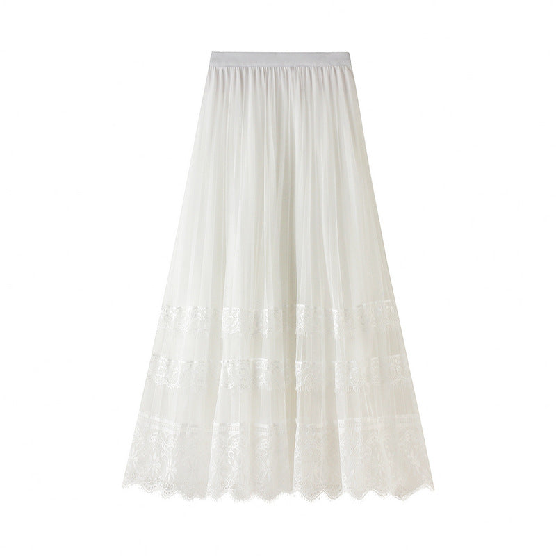 Spring Korean High Waist Lace Patchwork Tulle Skirt