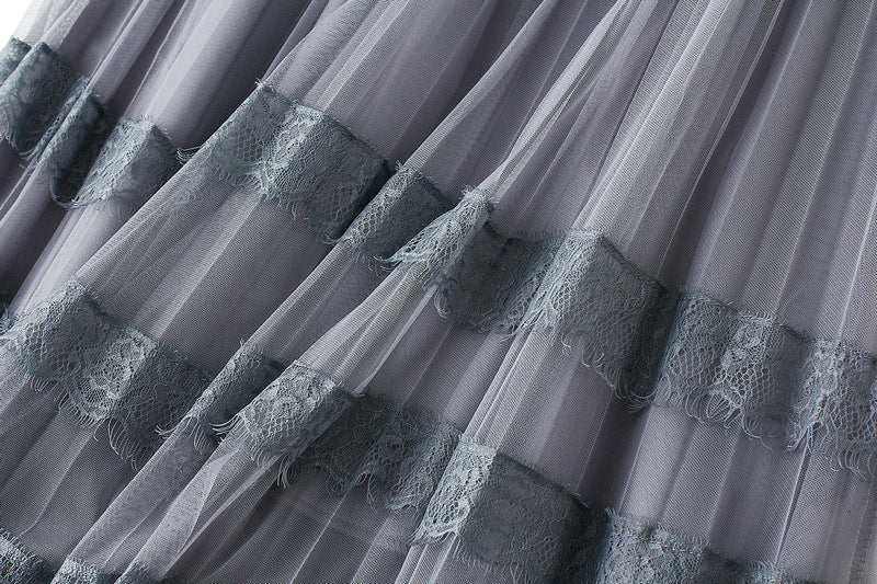 Spring Korean High Waist Lace Patchwork Tulle Skirt