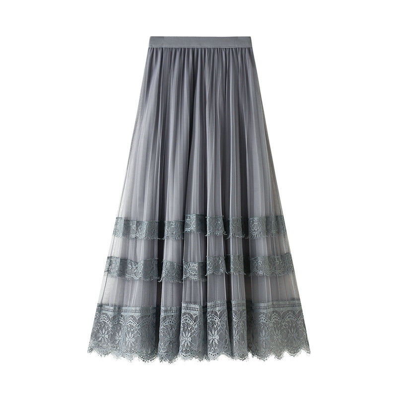 Spring Korean High Waist Lace Patchwork Tulle Skirt