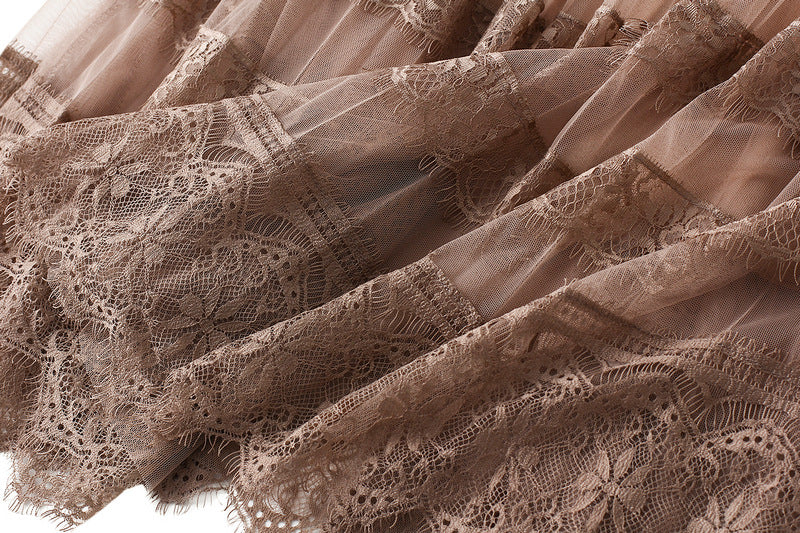 Spring Korean High Waist Lace Patchwork Tulle Skirt