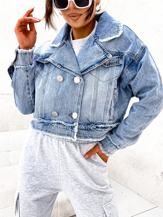 Women Raw Edge Denim Women Long Sleeved Coat