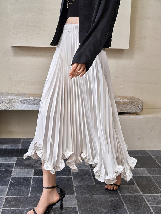 Women Summer Wooden Ear Elegant Pleated Skirt
