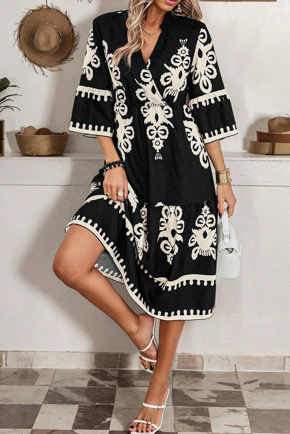 Beige Ethnic Geometric Print 3/4 Sleeve Loose Midi Dress - Venus Trendy Fashion Online