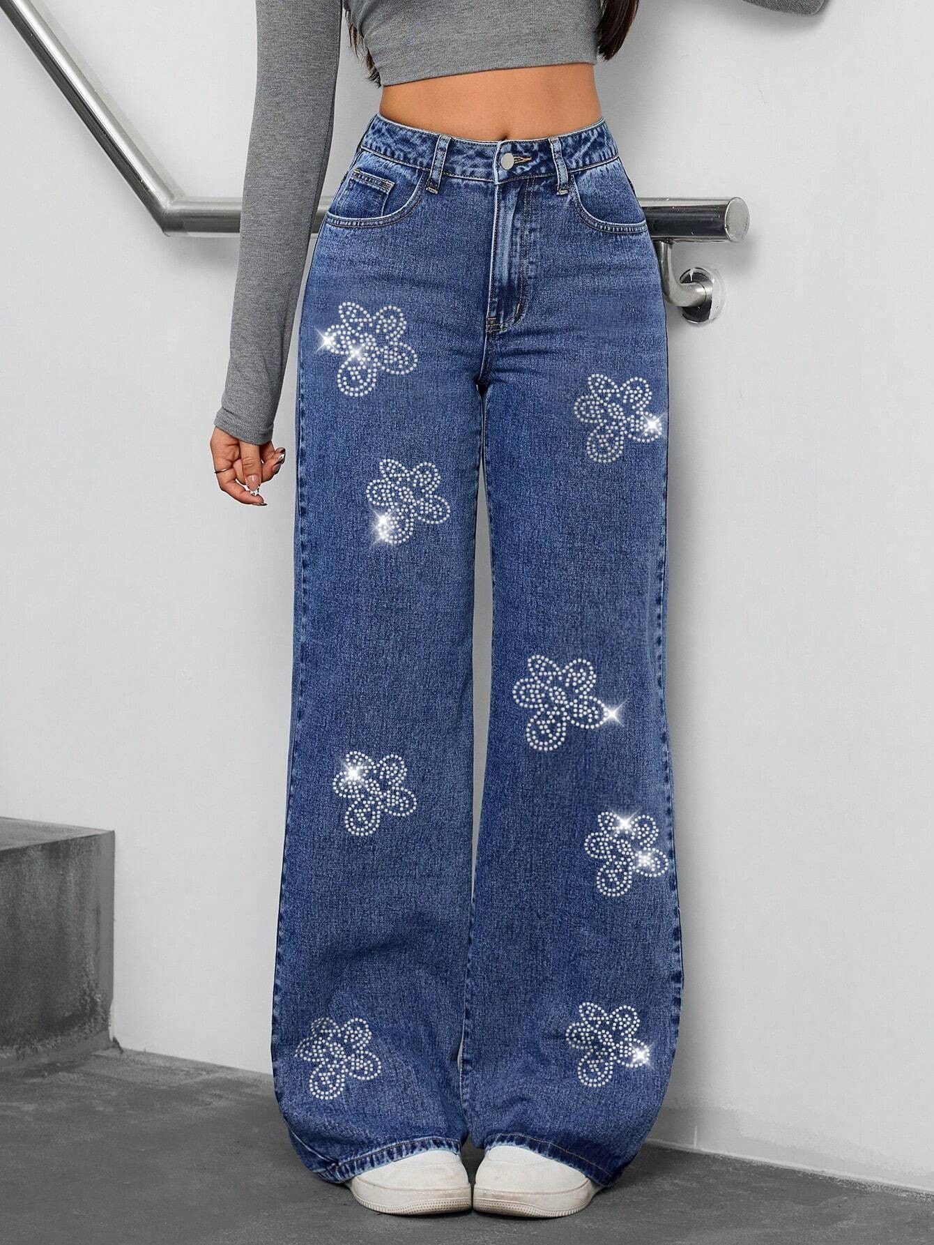 Women Autumn Floral Rhinestone Loose Straight Leg Jeans