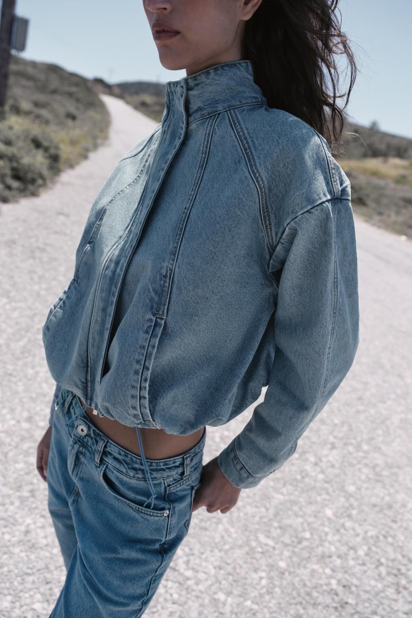 Women Stand Collar Denim Bomber Jacket