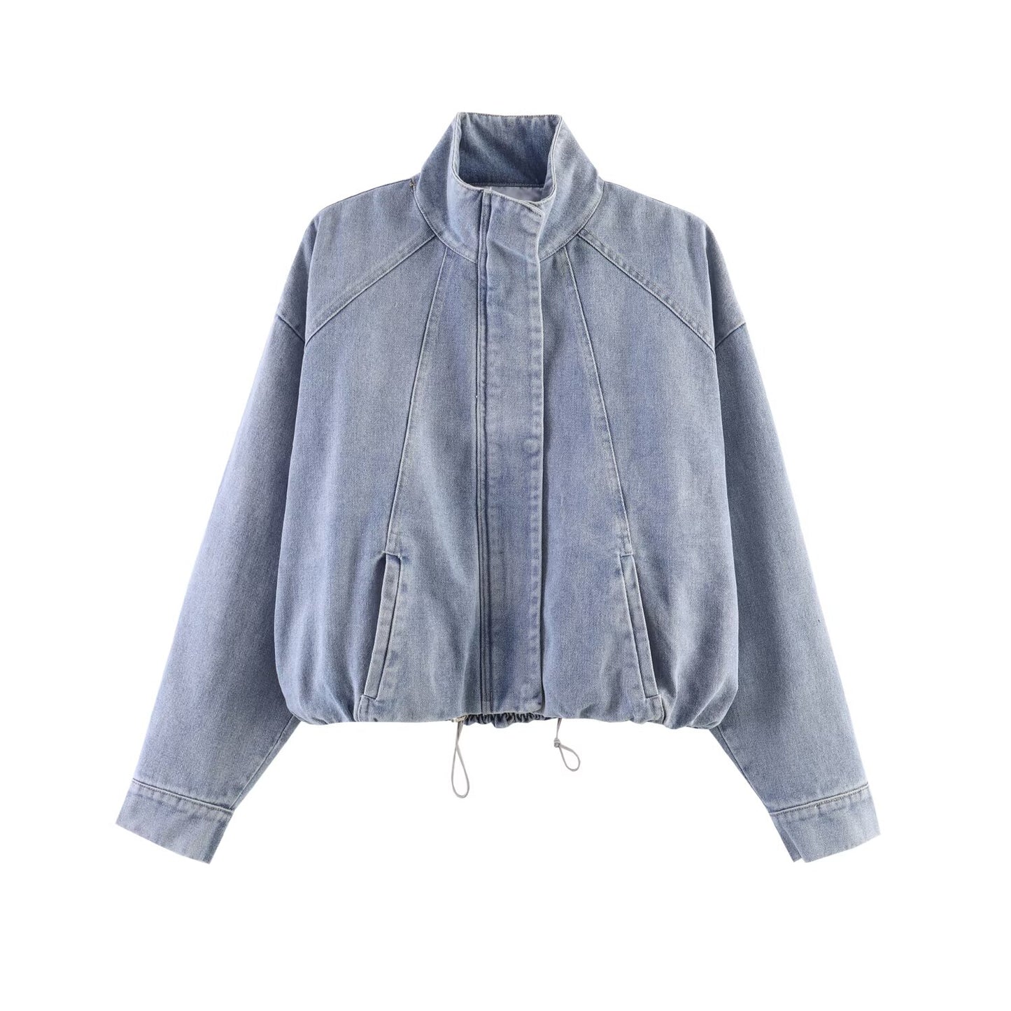 Women Stand Collar Denim Bomber Jacket