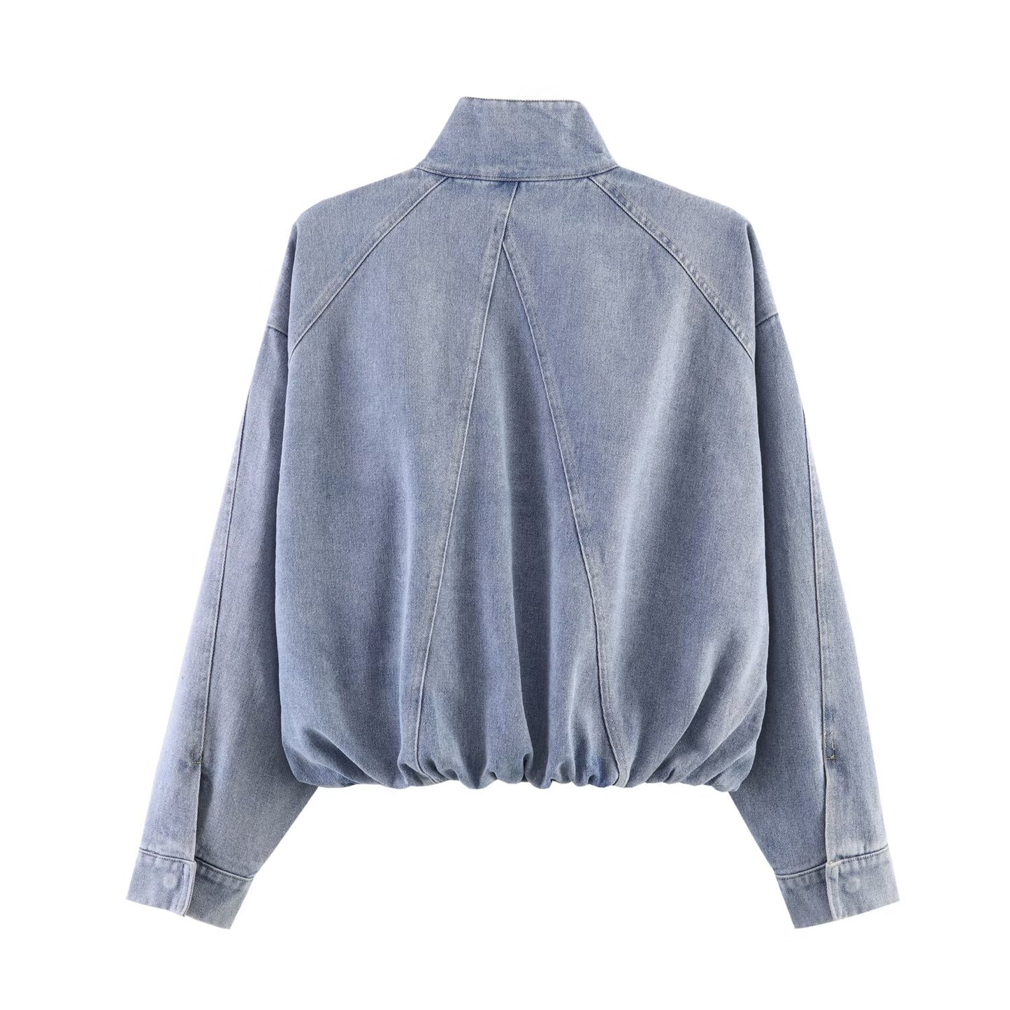 Women Stand Collar Denim Bomber Jacket