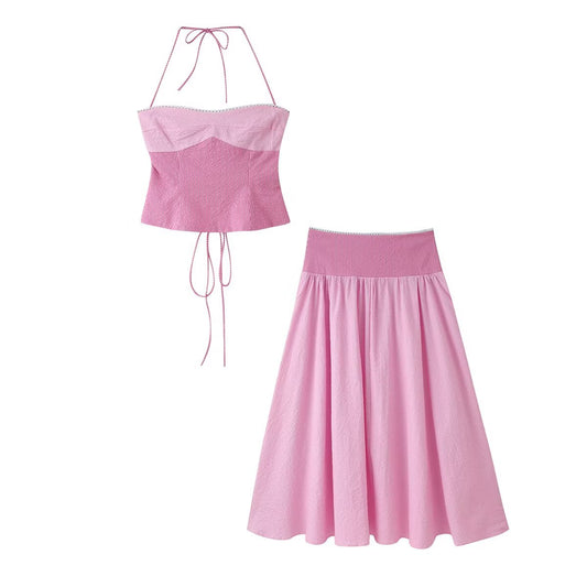 Women Simple Two Color Halter Strap Skirt Set