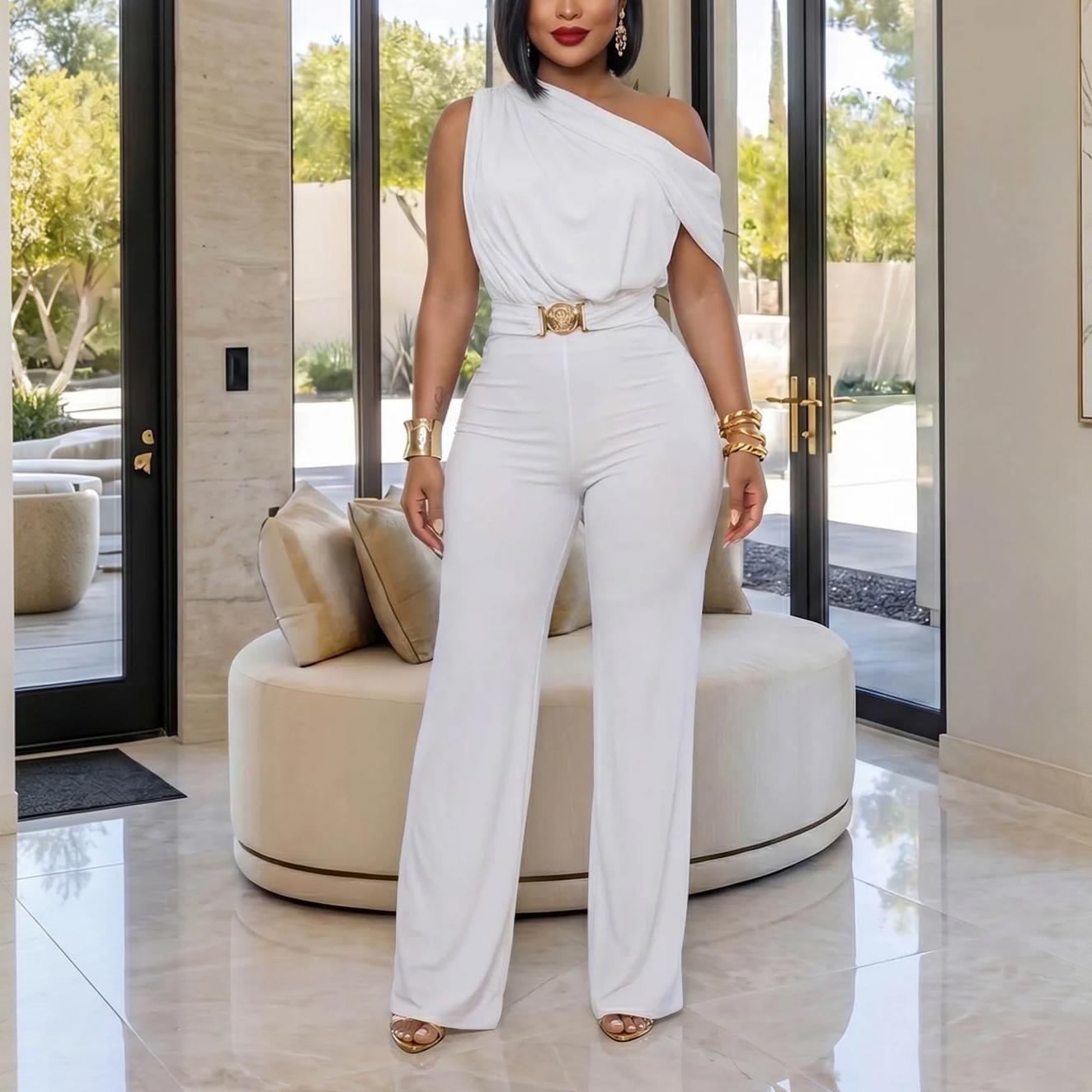 Women Elegant Shoulder Belt Solid Color Jumpsuit
