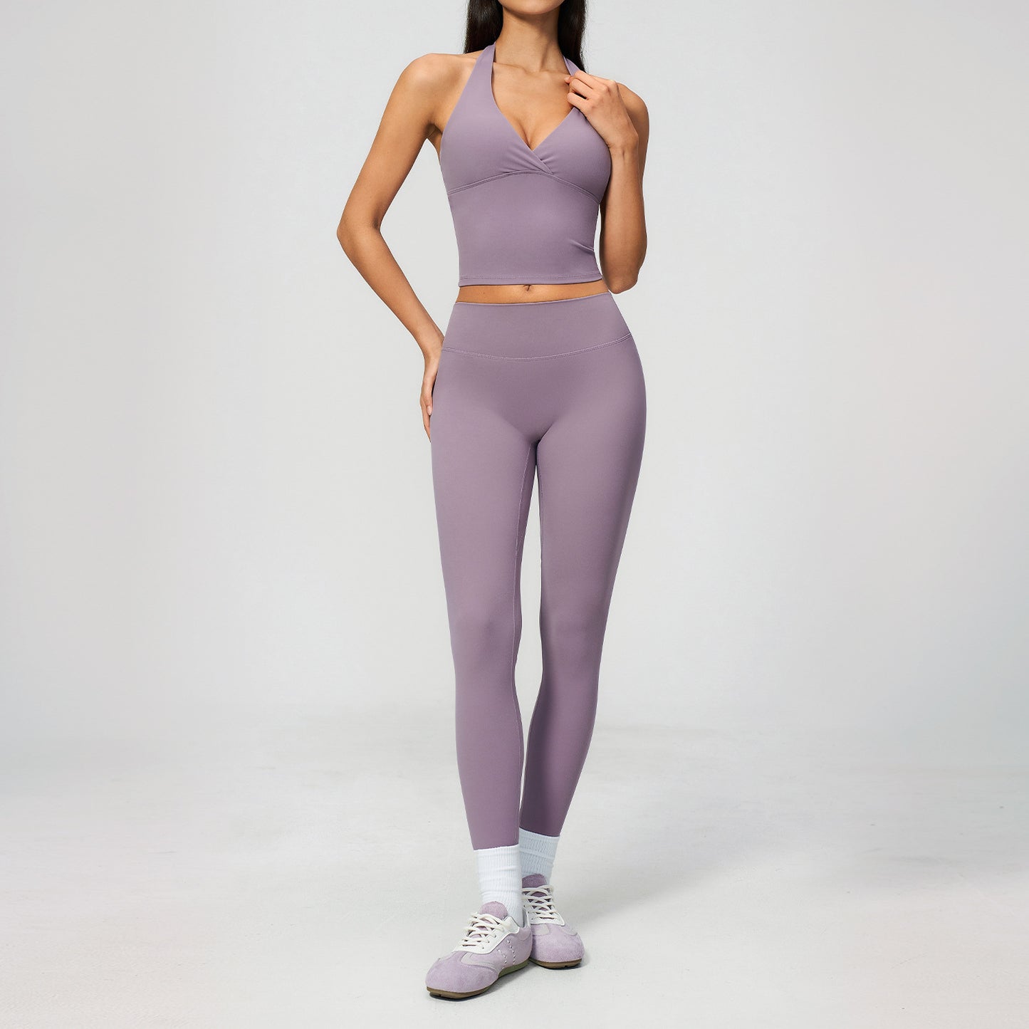 Brushed Deep V Plunge Halter High Waist Yoga Clothes