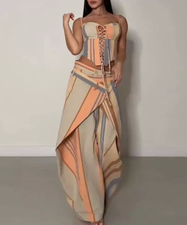 Summer Printed Lace up Striped Wide Leg Pants Two Piece Sets
