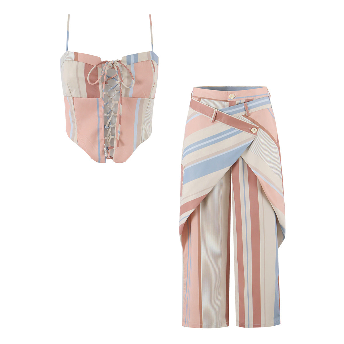 Summer Printed Lace up Striped Wide Leg Pants Two Piece Sets